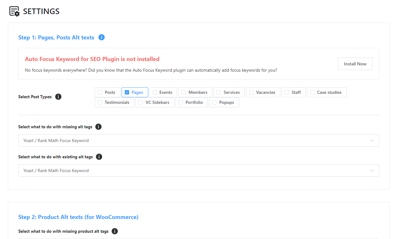Bialty interface showing post types and alt text rules